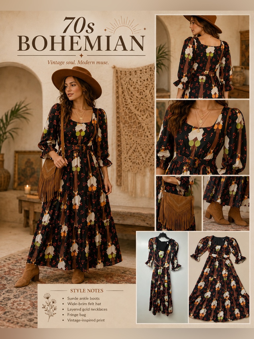 Hutch ModCloth Let’s Go Boho Maxi Dress 12 Retro Belted Art To Wear Resort Chic
